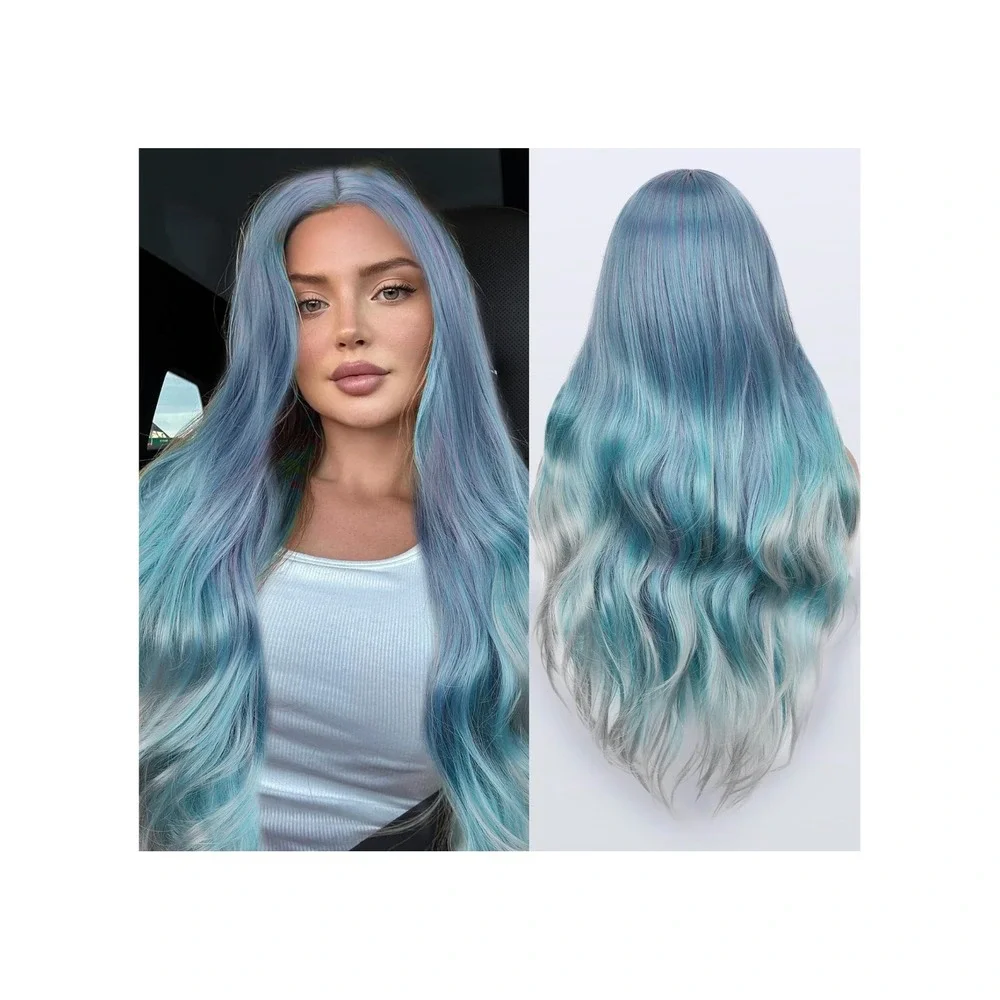 FAVE Mermaid Wig Ombre Blue Mixed Lilac Gray Long Wavy 28
